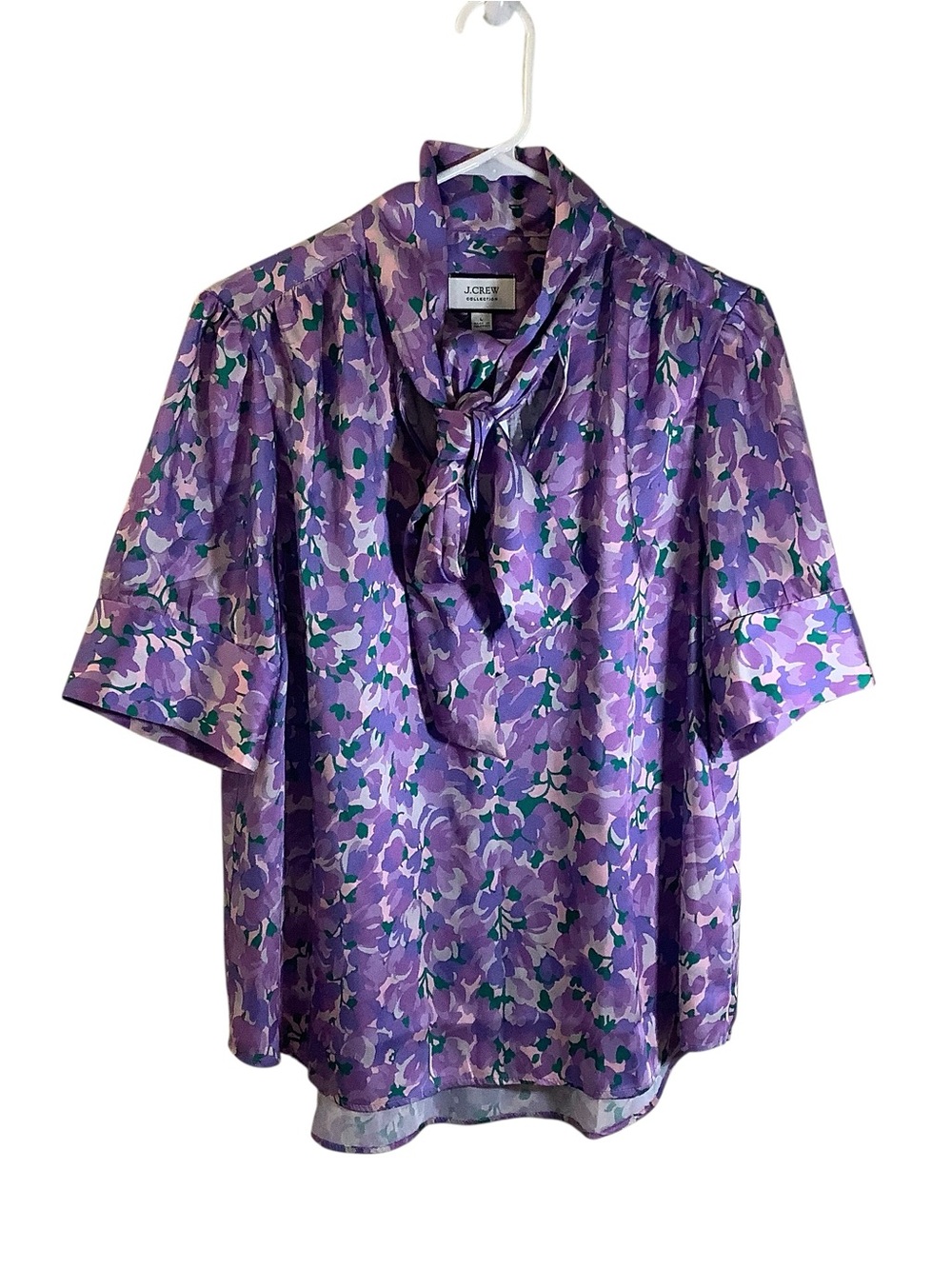 J. Crew Collection Purple Floral Tie-Neck Blouse with Short Sleeves